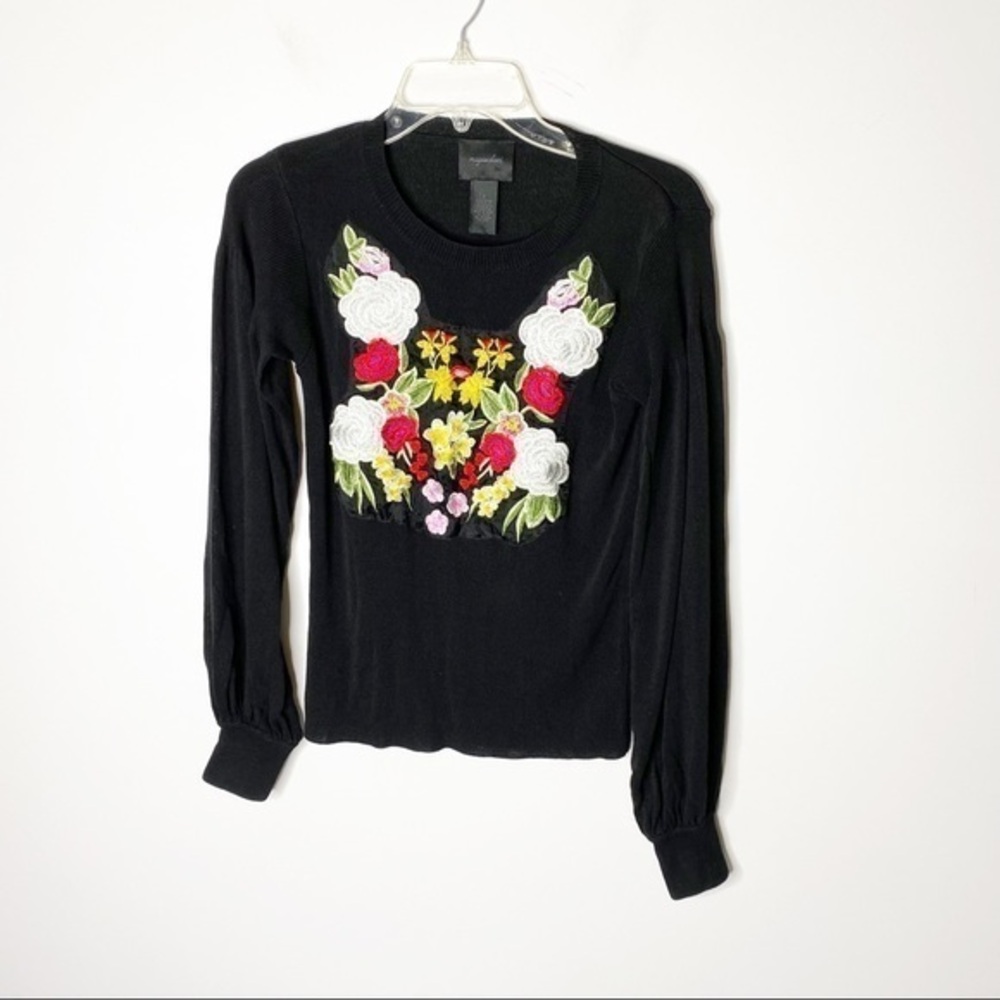 Magaschoni Black Silk Blend Floral Embroidered Balloon Sleeve Sweater Size Small